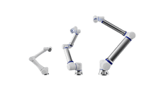 Load image into Gallery viewer, Three Useabot CS612 Cobots by Elite Robots, with white, metallic gray, and blue cylindrical designs and multiple joints, are shown in different positions. Each collaborative robot can handle up to a 12kg payload.