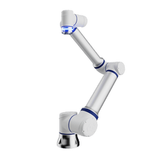 Load image into Gallery viewer, The CS612 Cobot by Elite Robots, from Useabot, is a silver and white collaborative robot arm with three joints, blue accents, and a 12kg payload. Its compact, modern design is shown upright with segments bent at various angles on a plain white background.