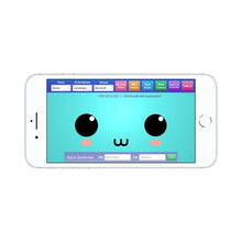 Load image into Gallery viewer, A smartphone displays the Peerbots- Controller Application by Useabot, featuring a blue anime-style face with big eyes and a small smile as a socially assistive agent. Colorful app control buttons appear at the top of the screen.