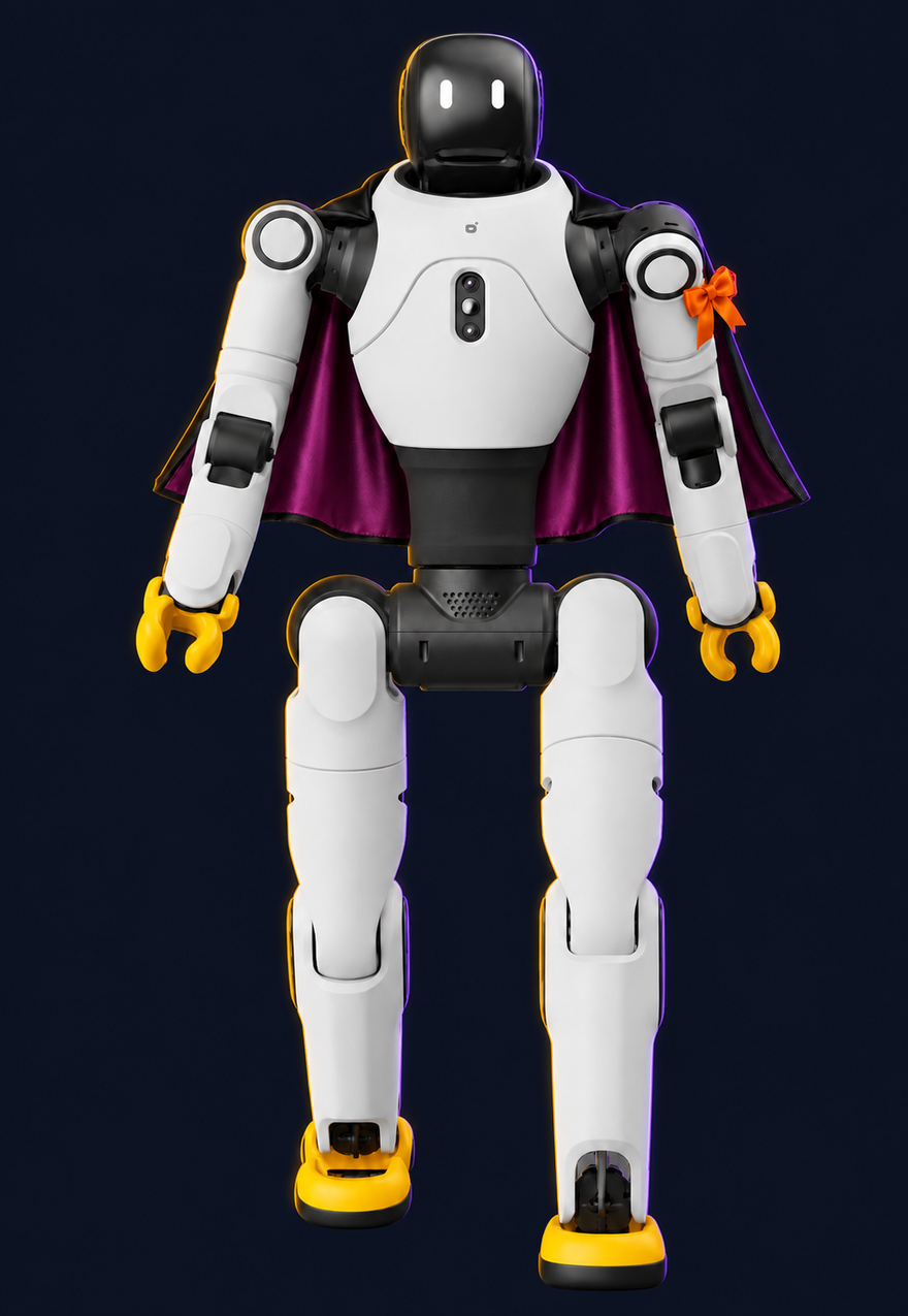 AGIBOT X2 Lite Humanoid Robot with decorative Halloween styling. Costume not included.