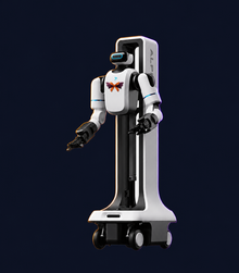 Alphabot G1 Wheeled Humanoid Robot with decorative Halloween styling. Costume not included.