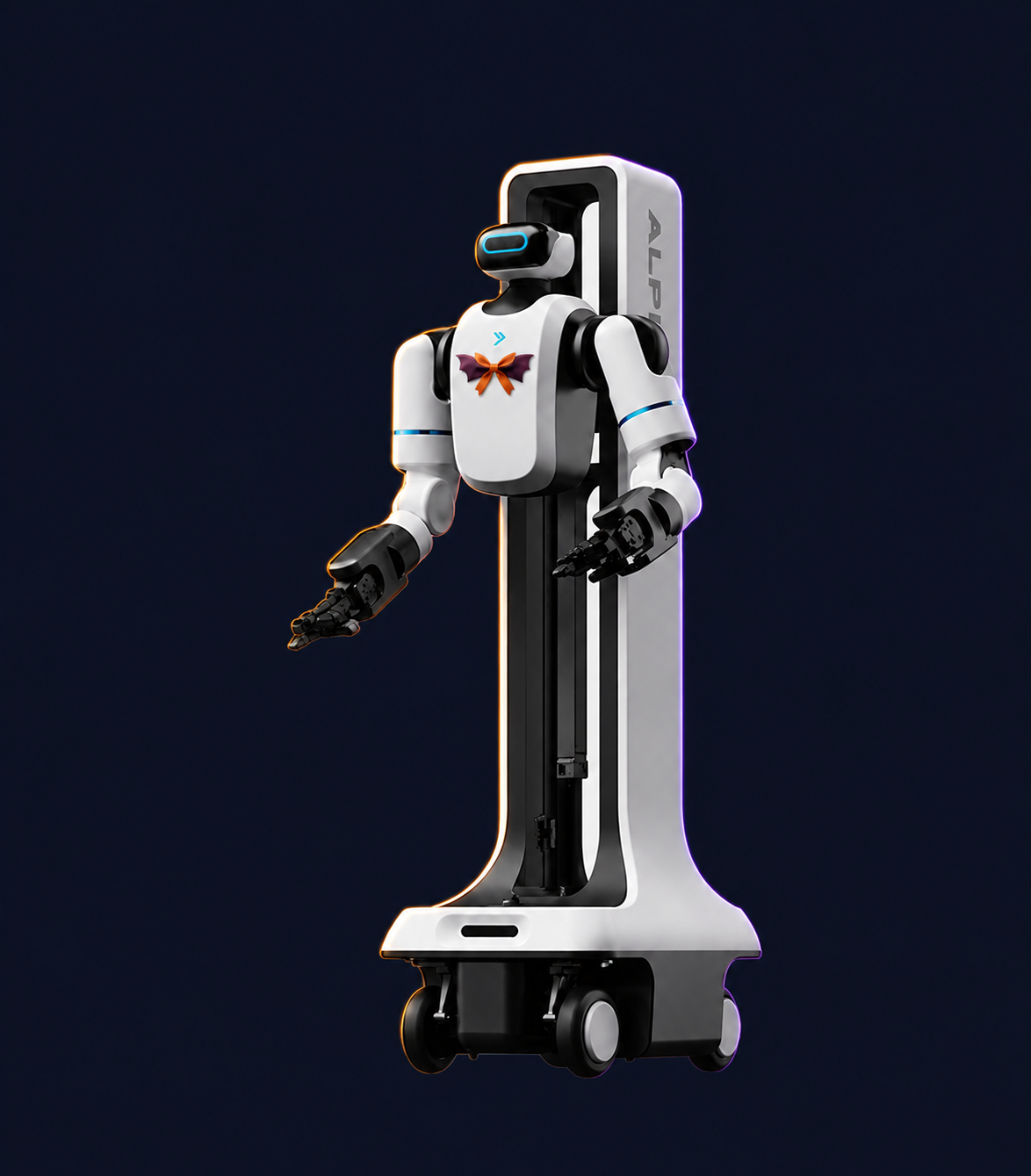 Alphabot G1 Wheeled Humanoid Robot with decorative Halloween styling. Costume not included.