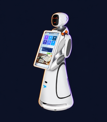 Amy Large-Screen Reception Robot with decorative Halloween styling. Costume not included.