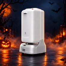 PUDU FlashBot Max Building Delivery Robot with decorative Halloween styling. Costume not included.