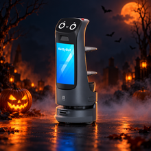PUDU KettyBot Pro Delivery and Advertising Robot with decorative Halloween styling. Costume not included.