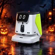 PUDU CC1 Pro AI Commercial Cleaning Robot with decorative Halloween styling. Costume not included.