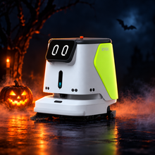 PUDU CC1 Commercial Cleaning Robot with decorative Halloween styling. Costume not included.