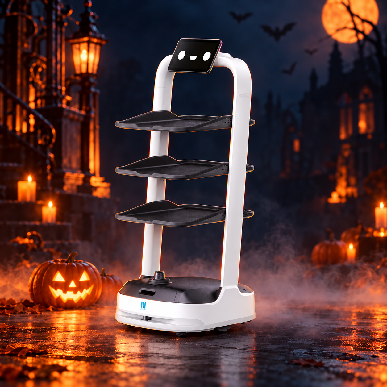 PuduBot 2 Universal Delivery Robot with decorative Halloween styling. Costume not included.