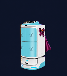 Speedybot-E Indoor Medical Delivery Robot with decorative Halloween styling. Costume not included.