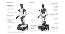 Load image into Gallery viewer, A technical infographic showing two white and black humanoid robot figures on a white background, with labeled callouts pointing to features such as cameras, sensors, display, arm, legs, battery, and ports.
