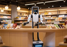 Load image into Gallery viewer, Alphabot G1 wheeled humanoid robot in a commercial setting
