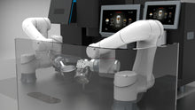 Load image into Gallery viewer, Two robotic arms, part of the Useabot Dual-Arm Robotic Coffee Station by Elite Robots (Enclosed Type or Open-Style Workbench), prepare drinks at an automated machine featuring digital touchscreens and a transparent workspace barrier.
