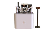 Load image into Gallery viewer, The Useabot Dual-Arm Robotic Coffee Station by Elite Robots (Enclosed Type or Open-Style Workbench) features two mechanical arms, a digital interface, and a nearby self-service coffee options stand set against a white background.
