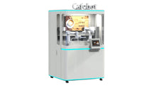 Load image into Gallery viewer, The Dual-Arm Robotic Coffee Station by Elite Robots from Useabot, available as an enclosed or open-style workbench, features robotic arms, a touchscreen interface, and a lit coffee display for convenient self-service.
