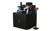 Load image into Gallery viewer, A black Dual-Arm Robotic Coffee Station by Useabot (Open-Style Workbench) with two robotic arms, multiple small screens, and dispensers stands on a plain white background, designed for self-service coffee preparation and serving.
