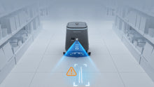 Load image into Gallery viewer, PUDU CC1 Pro approaching floor debris with an illustrated forward detection field

