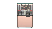 Load image into Gallery viewer, Useabot’s Single-Arm Robotic Coffee Station by Elite Robots (Enclosed Type) is a pink, rectangular vending machine with a clear front, showcasing a RoboBarista arm and touchscreen—offering stylish, self-service coffee and food.
