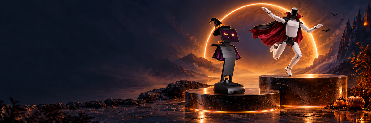 temi and AGIBOT robots in decorative Halloween costumes against a glowing amber moon.