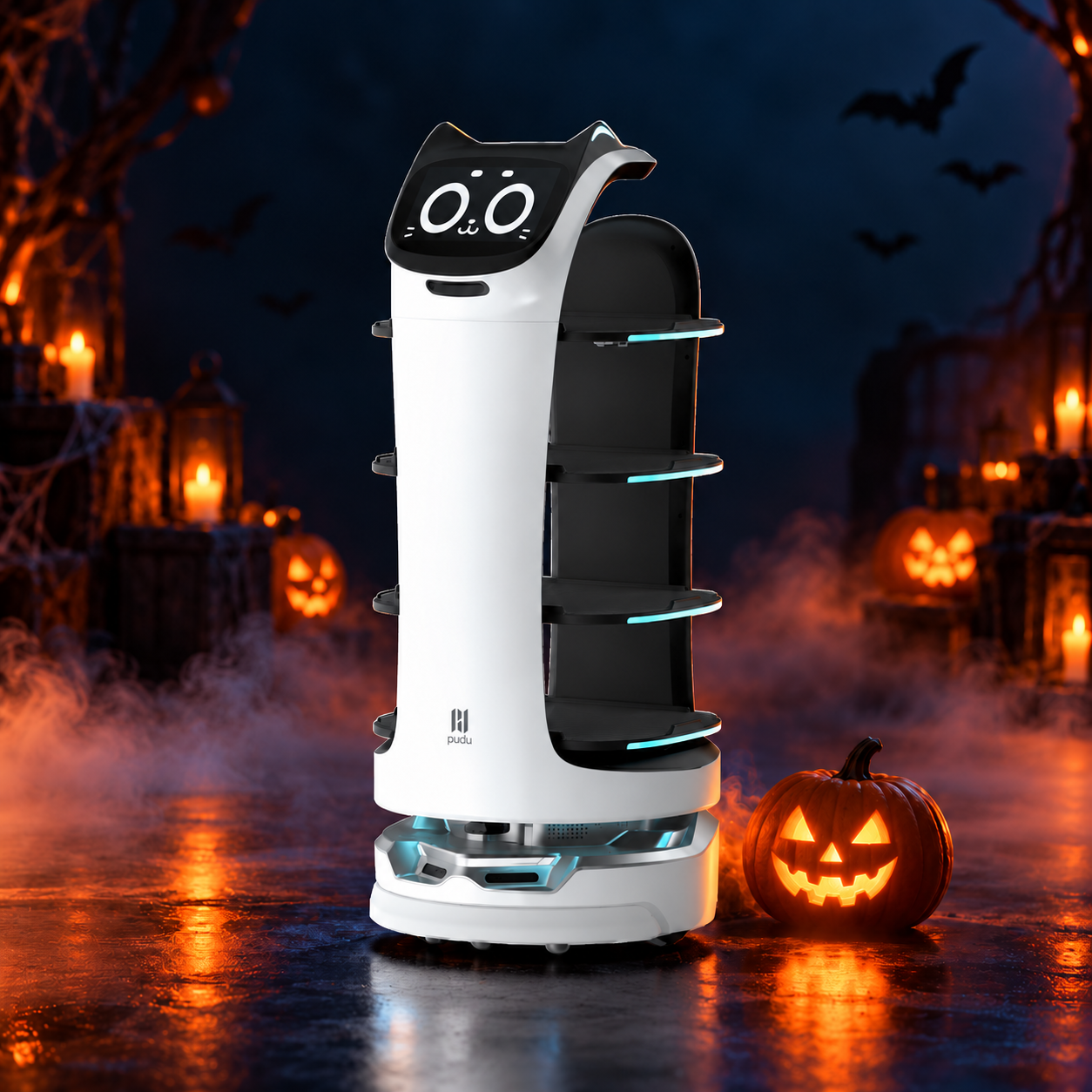 PUDU BellaBot Premium Delivery Robot with decorative Halloween styling. Costume not included.