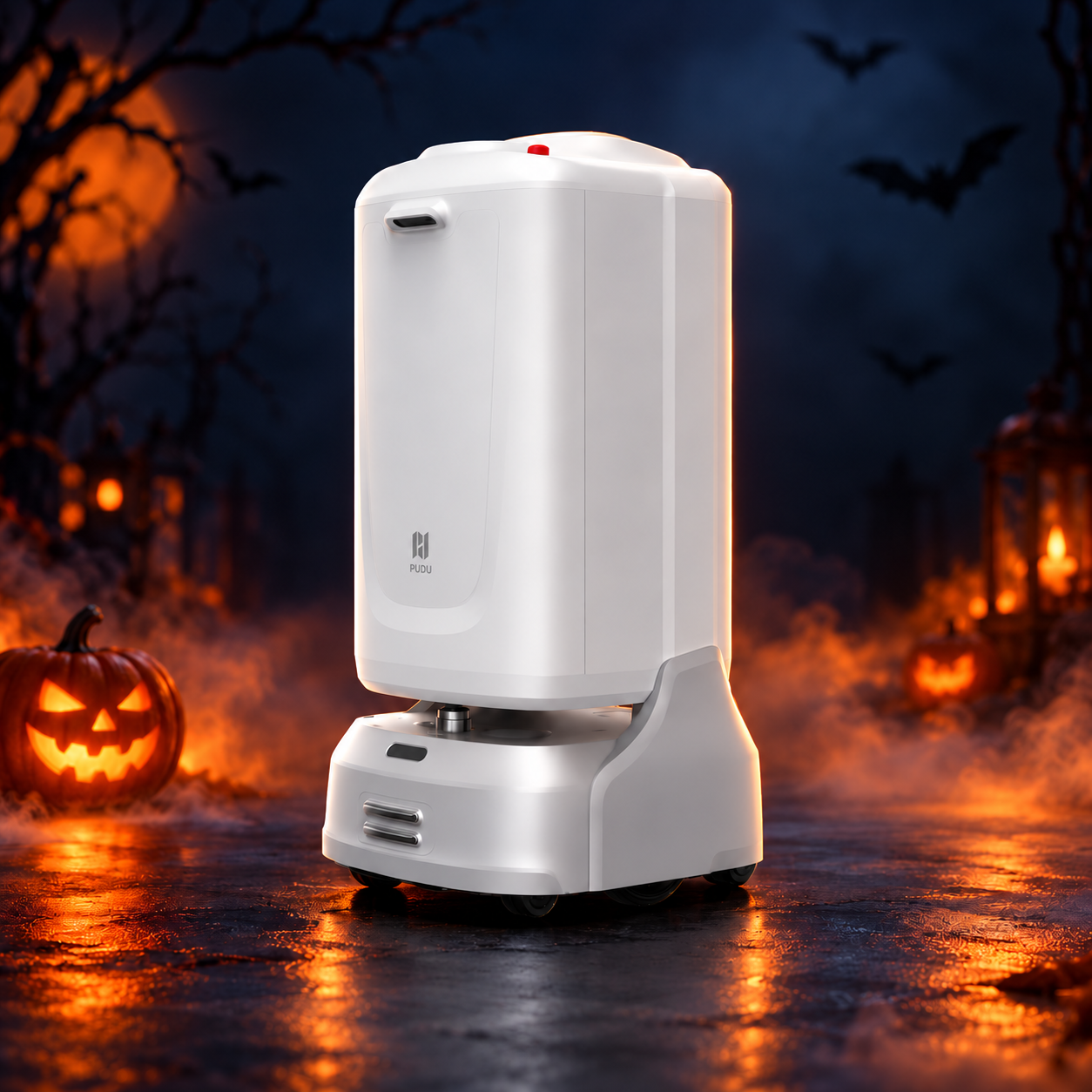 PUDU FlashBot Max Building Delivery Robot with decorative Halloween styling. Costume not included.