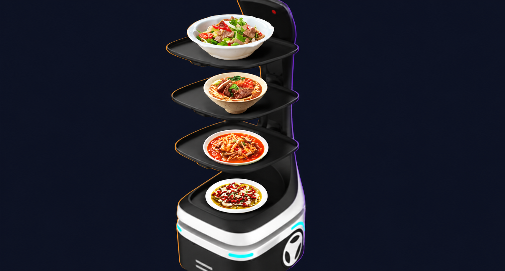 Panda restaurant food delivery robot by Alpha Robotics with decorative Halloween background and edge lighting.