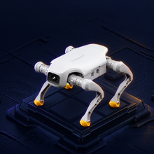 AGIBOT D1 Pro Quadruped Robot Dog with decorative Halloween background and edge lighting.
