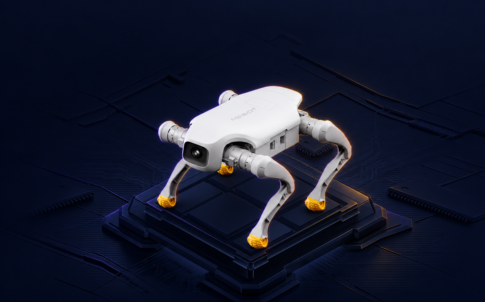 AGIBOT D1 Pro Quadruped Robot Dog with decorative Halloween background and edge lighting.
