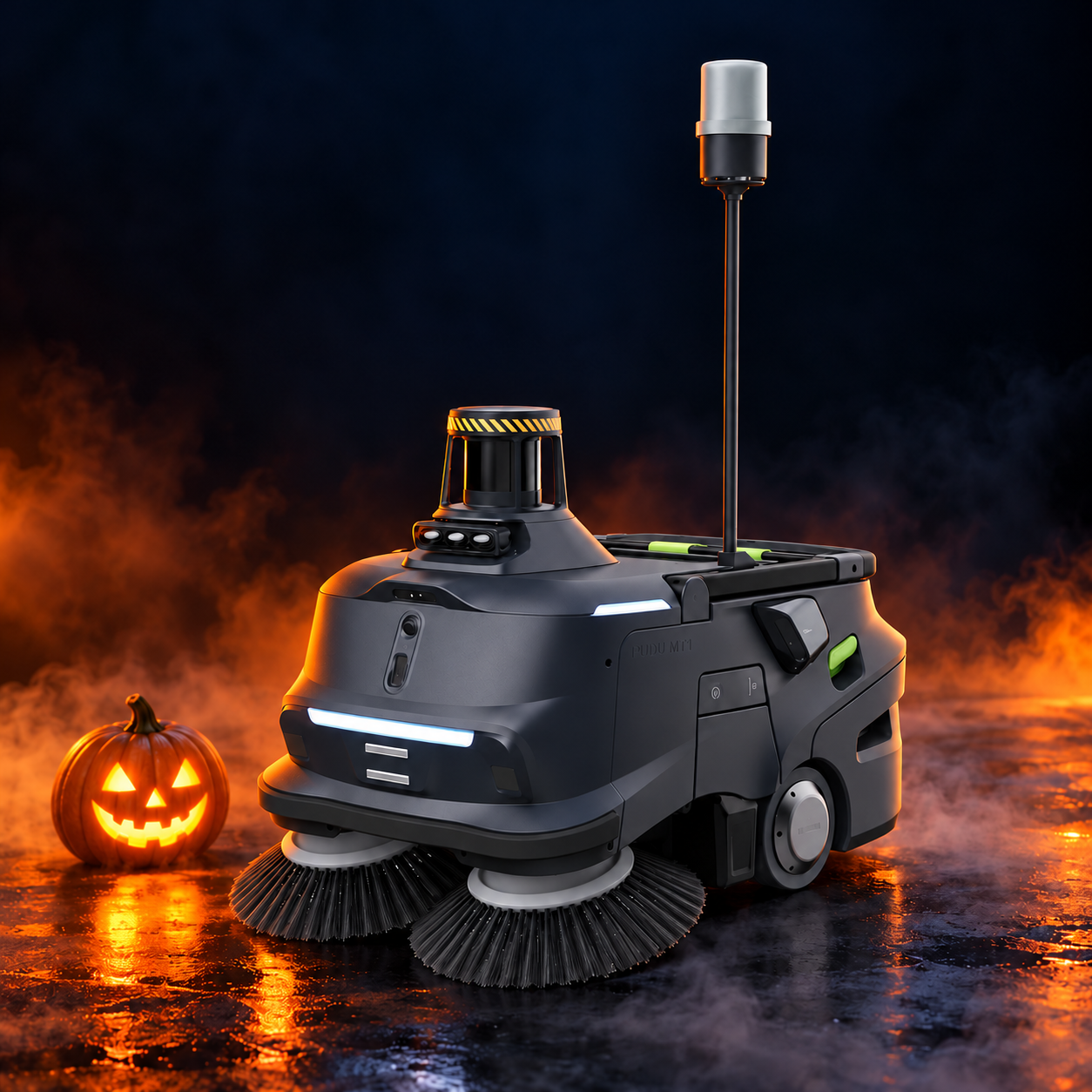 PUDU MT1 Max AI Robotic Sweeper with decorative Halloween styling. Costume not included.