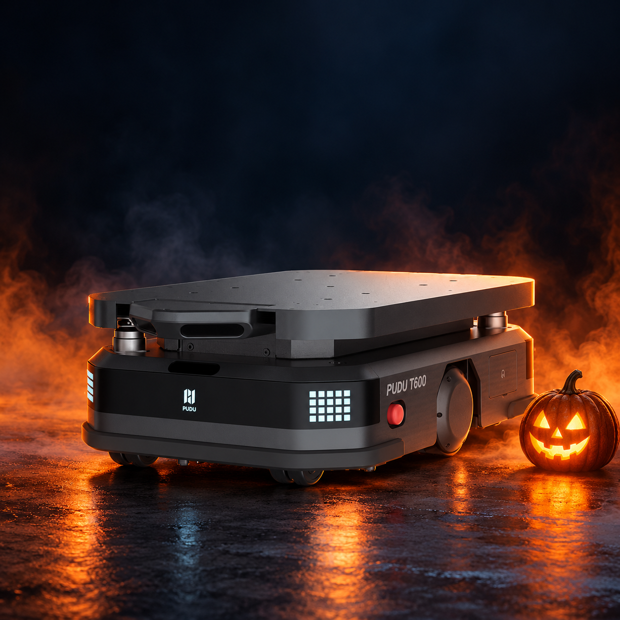 PUDU T600 Underride Low-Profile Industrial Delivery Robot with decorative Halloween styling. Costume not included.