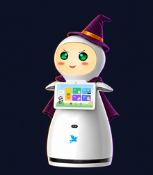 Snow AI Reception Robot with decorative Halloween styling. Costume not included.
