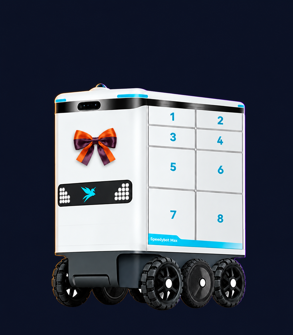 Speedybot Max-E Unmanned Delivery Robot with decorative Halloween styling. Costume not included.
