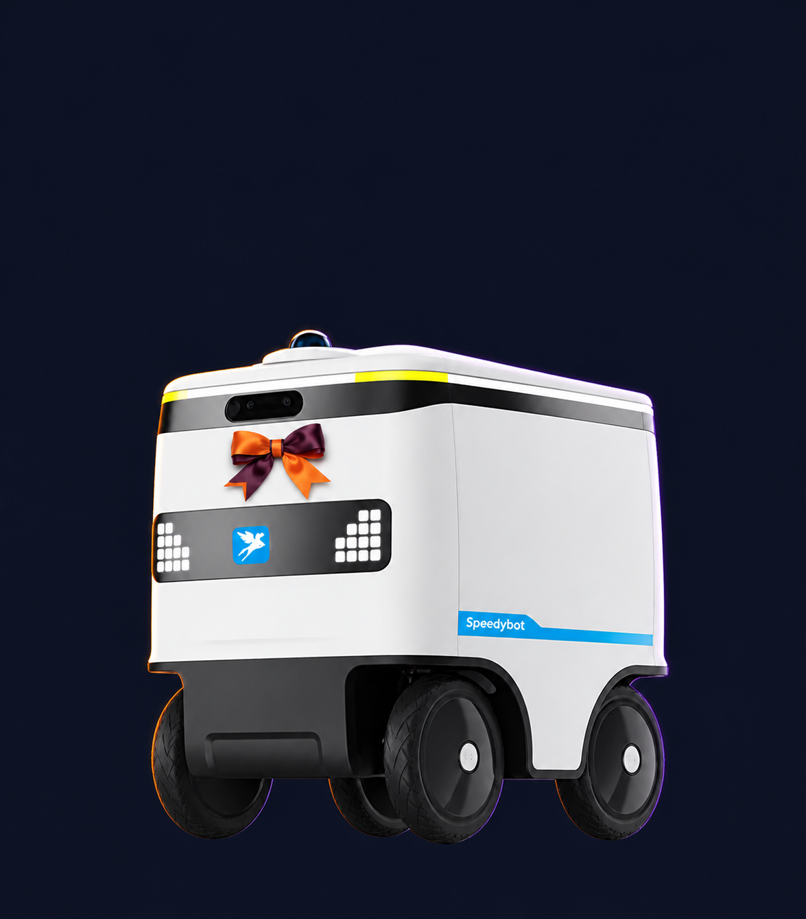 Speedybot Pro Indoor and Outdoor Delivery Robot with decorative Halloween styling. Costume not included.