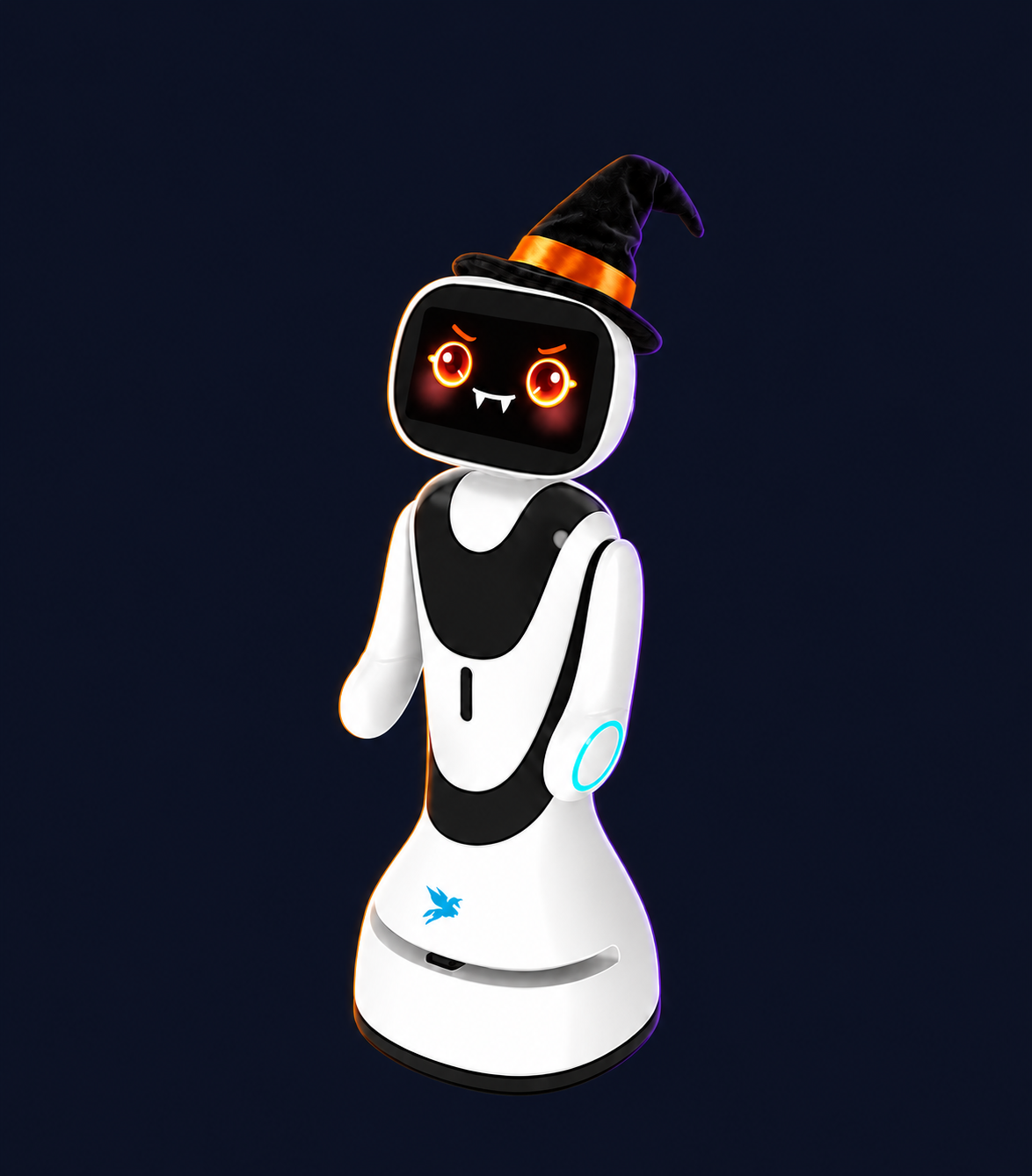 Timo AI Reception Robot with decorative Halloween styling. Costume not included.